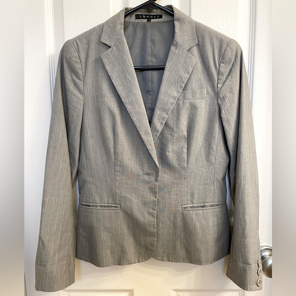 Theory suit jacket. Size 4. Gray with subtle white pinstripes.